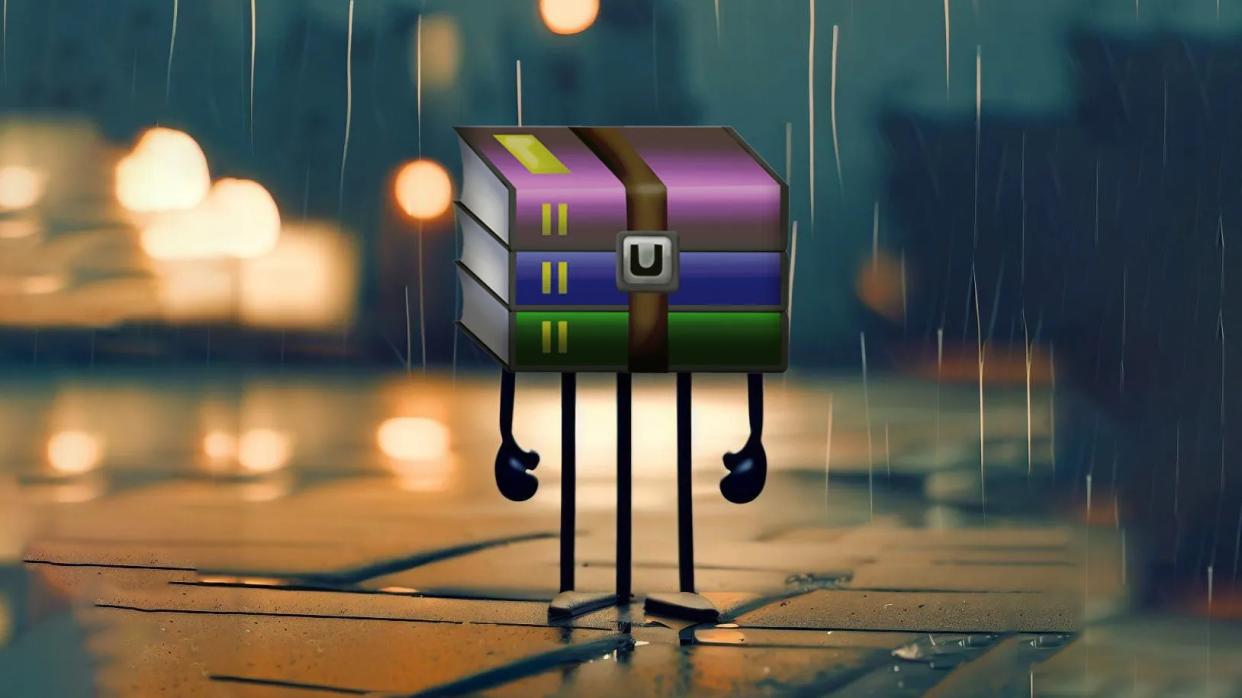  WinRAR logo man on a rainy background night. 