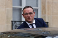 FILE - New French Minister of Solidarity Damien Abad leaves the Elysee Palace after the first cabinet meeting since French President Emmanuel Macron 's reelection, Monday, May 23, 2022 in Paris. Former French minister Damien Abad had to step down from the government earlier this year after being accused of rape by two women. He denied the allegations and was reelected to his parliamentary seat in June. The case helped galvanize a movement aimed at exposing sexual misconduct in French politics. (AP Photo/Michel Spingler, File)