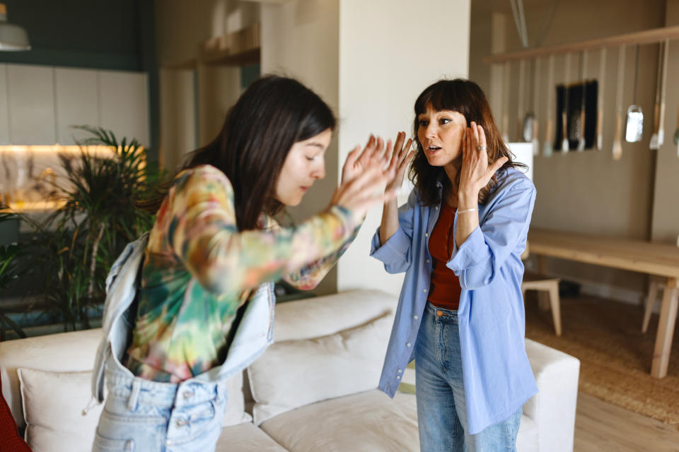 Two individuals appear to be engaged in a lively conversation in a home setting