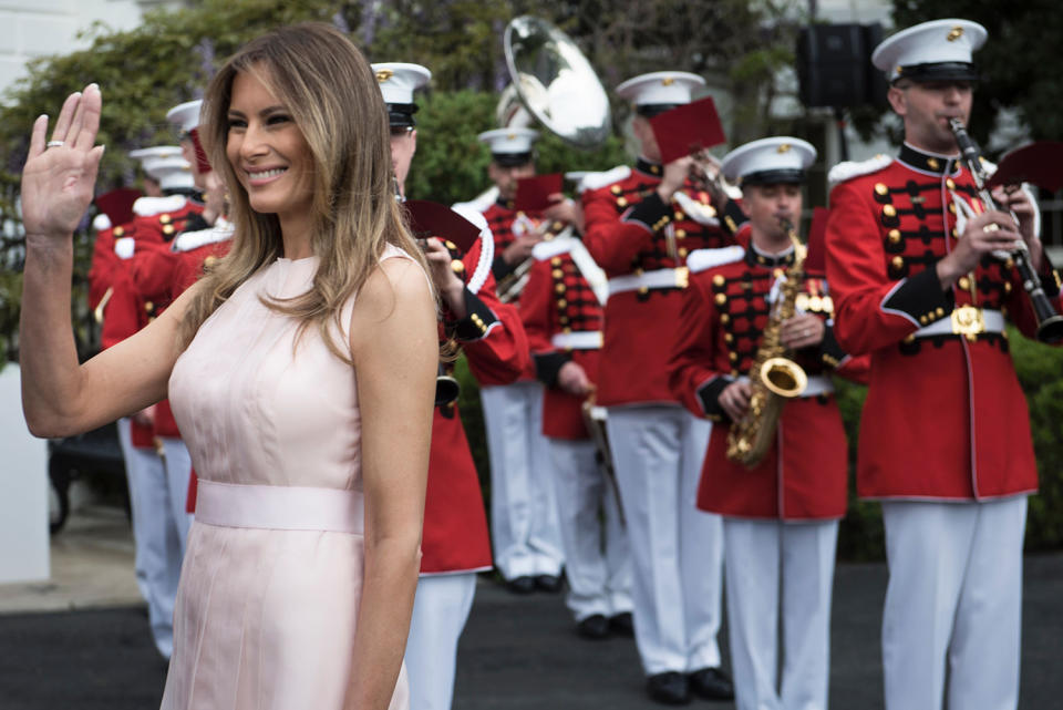 Melania Trump waves to guests at White House Easter Egg Roll