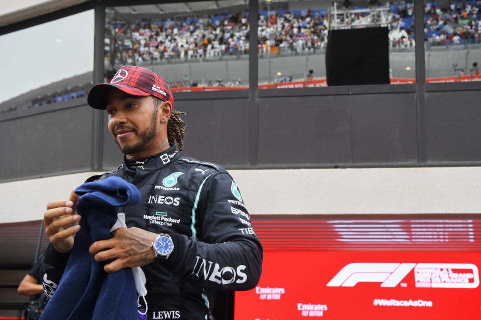 Mercedes driver Lewis Hamilton of Britain reacts after the qualifying session ahead of the French Formula One Grand Prix at the Paul Ricard racetrack in Le Castellet, southern France, Saturday, June 19, 2021. The French Grand Prix will be held on Sunday. (Nicolas Tucat/Pool via AP)