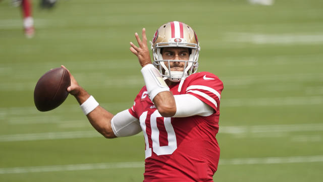 San Francisco 49ers quarterback Jimmy Garoppolo warms up before