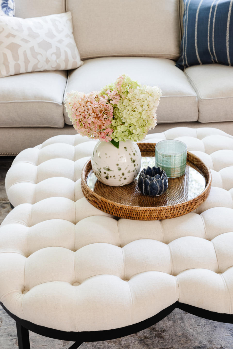 4. Turn a footstool into a coffee table with a large tray