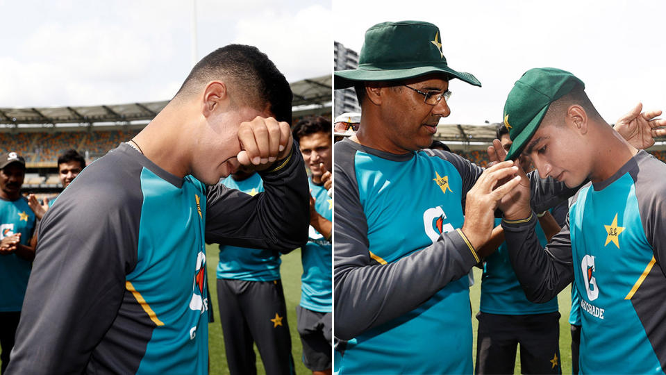 Naseem Shah reacts after receiving his test cap  from Waqar Younis ahead of his debut during day one of the 1st Domain Test between Australia and Pakistan at The Gabba on November 21, 2019 in Brisbane, Australia. (Photo by Ryan Pierse/Getty Images)