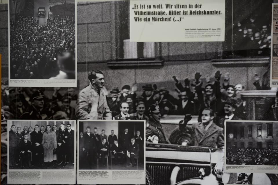 Exhibit detail showing Adolf Hitler after he took power in 1933 at the exhibition 'Berlin 1933 – The Road to Dictatorship' at the Topography of Terror museum in Berlin January 29, 2013. (JOHN MACDOUGALL/AFP/Getty Images)