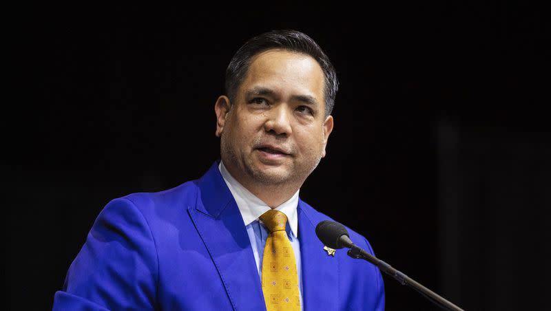 Utah Attorney General Sean Reyes speaks during the Utah Republican Party Organizing Convention at Utah Valley University in Orem on April 22, 2023.