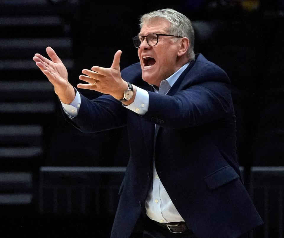 UConn head coach Gene Auriemma disputes a call during the second half of the Huskies' Sweet 16 loss to Ohio State.