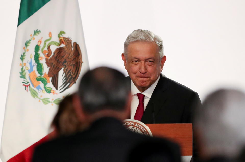 Mexico&#39;s President Andres Manuel Lopez Obrador grimaces during a ceremony to deliver his third state of the union address at the National Palace in Mexico City, Mexico September 1, 2021. REUTERS/Edgard Garrido