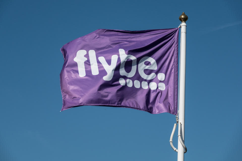 EXETER, ENGLAND - OCTOBER 18: A Flybe airline flag is pictured at Exeter Airport near Exeter on October 18, 2018 in Devon, England. The value of shares in the Exeter-based airline Flybe, have fallen dramatically recently after the company issued another profit warning, blaming poor demand, a weaker pound and higher fuel costs.(Photo by Matt Cardy/Getty Images)