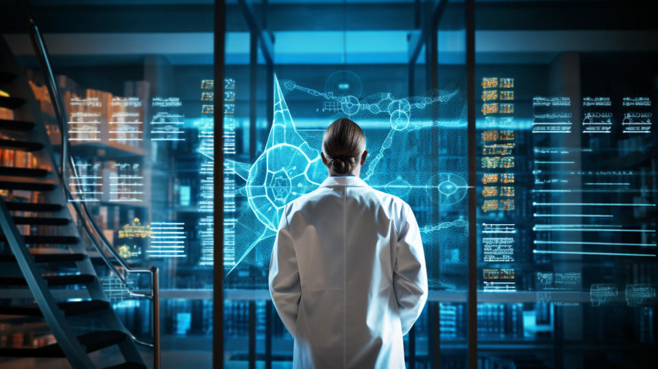 A scientist in a laboratory coat looking at a DNA sequence on a monitor, symbolizing the power of genomic sequencing.