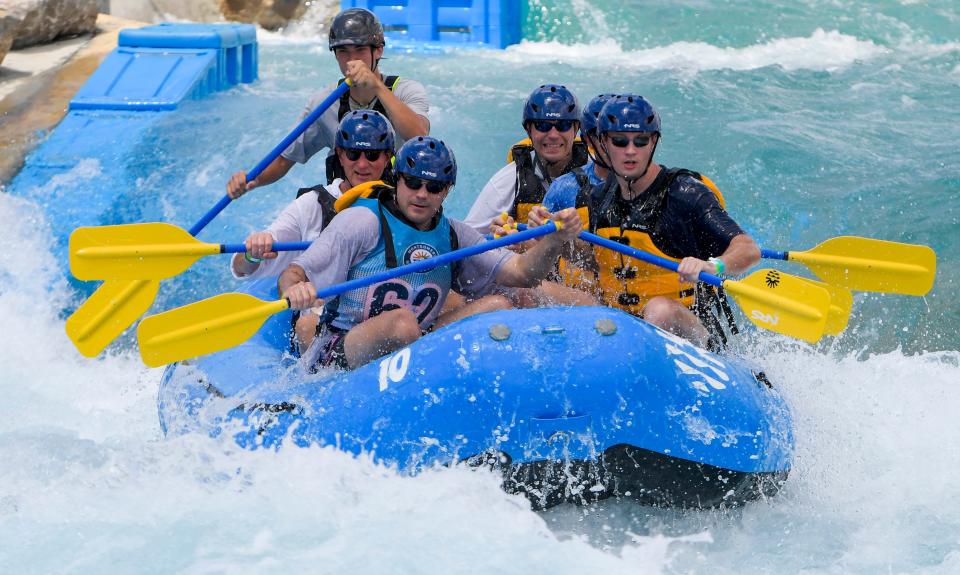 Rafters try the Montgomery Whitewater course in July of 2023, shortly after the artificial river facility opened in Montgomery.