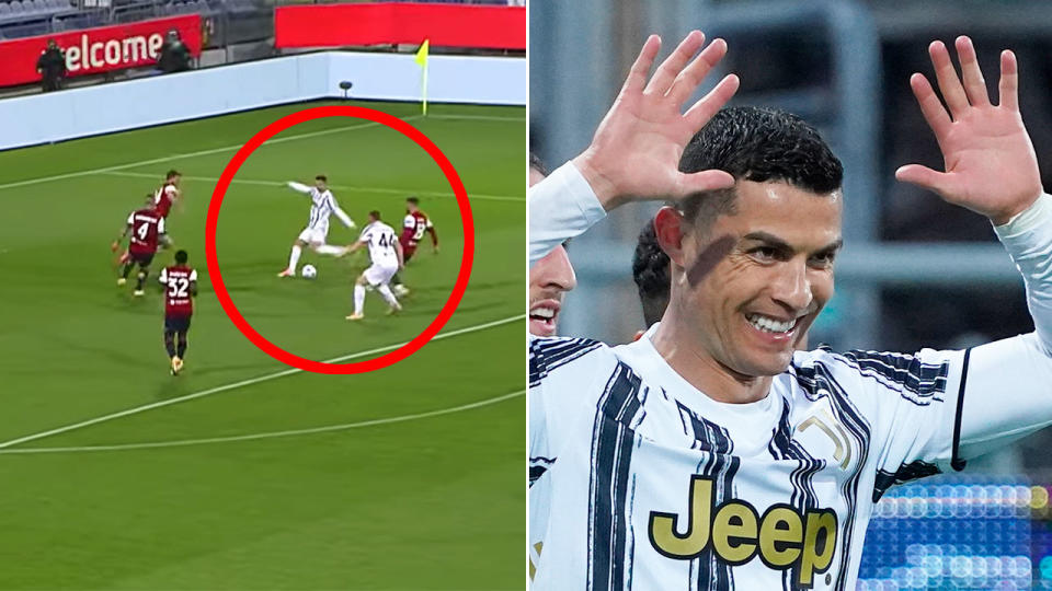 Cristiano Ronaldo is seen here celebrating his Serie A hat-trick for Juventus.