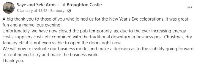 The Saye and Sele Arms will close for January while owners assess its viability as a business. (Facebook)