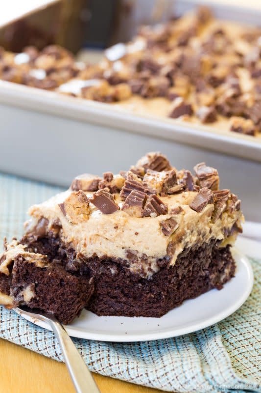 <p>Cupcakes & Kale Chips</p><p>A super easy dessert recipe for the peanut butter cup lovers that's perfect for potlucks and parties.</p><p><strong>Get the recipe: <a href="https://cupcakesandkalechips.com/reeses-poke-cake/" rel="nofollow noopener" target="_blank" data-ylk="slk:Reese’s Poke Cake;elm:context_link;itc:0;sec:content-canvas" class="link ">Reese’s Poke Cake</a></strong></p>