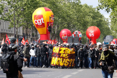 Balloons of French Trade Union CGT float over the traditional May Day labour union march in Paris, France, May 1, 2017. REUTERS/Gonzalo Fuentes