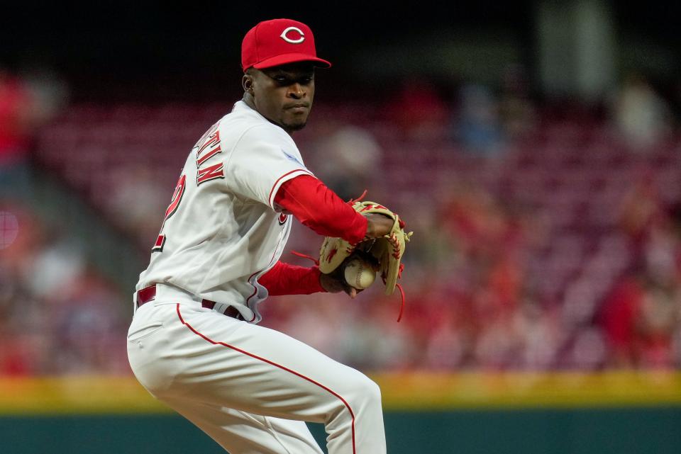 Cincinnati Reds relief pitcher Reiver Sanmartin (52) throws a pitch in the sixth inning of the MLB National League game between the Cincinnati Reds and the Philadelphia Phillies at Great American Ball Park in downtown Cincinnati on Friday, April 14, 2023. The Phillies won 8 -3.