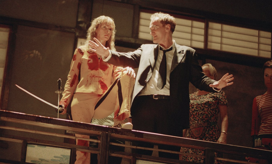 Quentin Tarantino with Uma Thurman on the set of 2003 film Kill Bill Vol. 1
