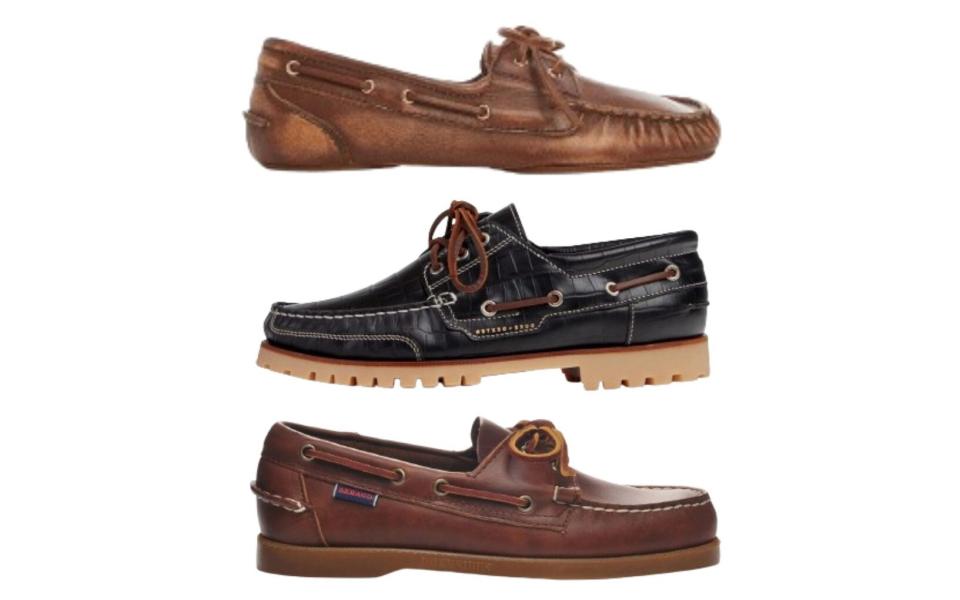 Leather Boat Shoes, £109.99, Mango;  Leather with crocodile-effect lug sole, £180, Duke & Dexter;  Oiled, waxy leather Docksides, £140, Sebago