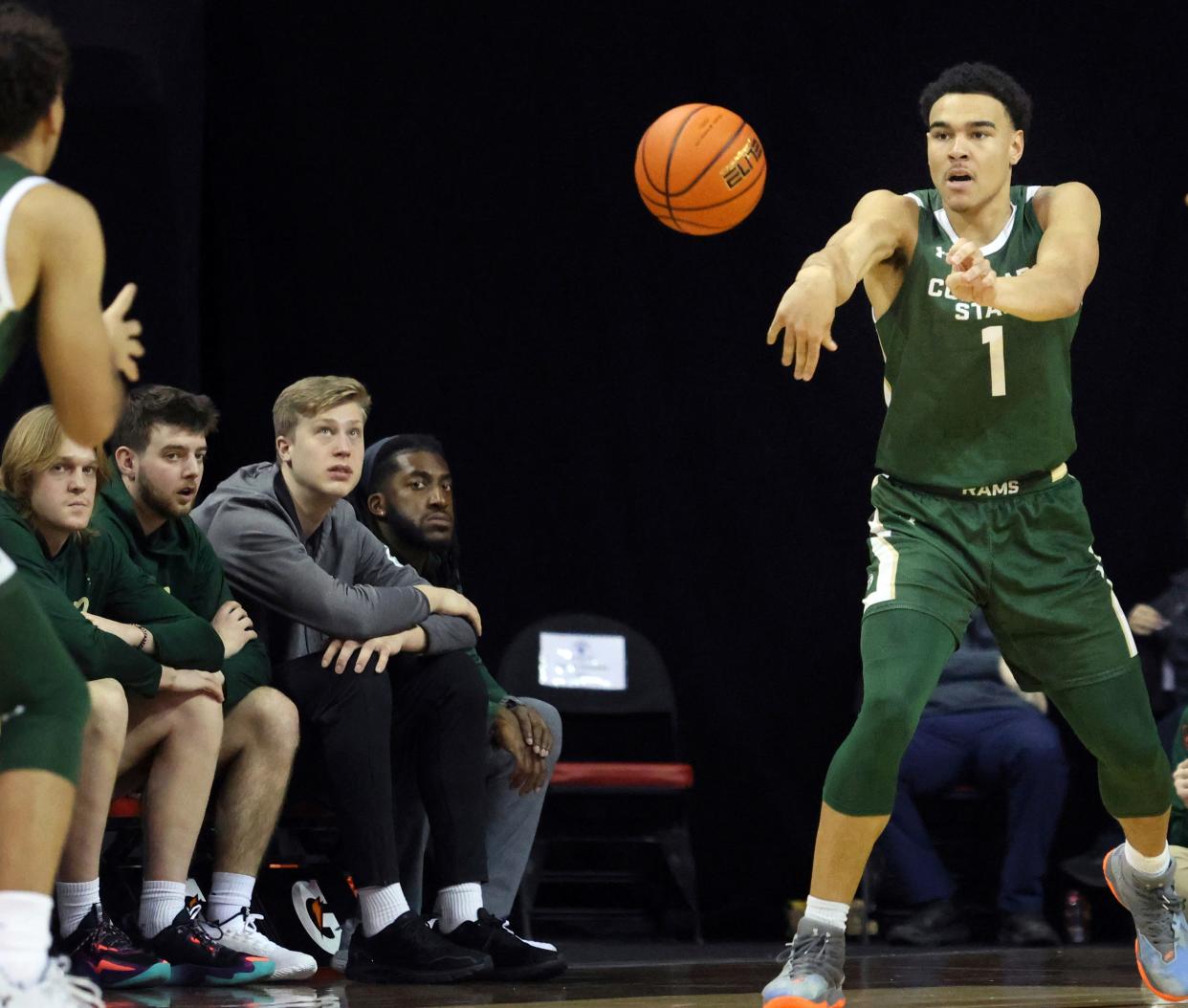 Colorado State guard John Tonje (1) passes the ball during the second half of an NCAA college basketball game against San Diego State in the quarterfinals of the Mountain West Conference Tournament Thursday, March 9, 2023, in Las Vegas. San Diego State won 64-61. (AP Photo/Ronda Churchill)