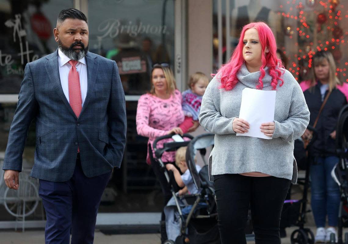 Maitlyn Gandy, right, and attorney Benson Varghese arrive at Wise County Courthouse in Decatur to give a statement about the death of Gandy’s daughter, Athena Strand, 7, on Thursday, Dec. 8, 2022. Strand was kidnapped and killed Nov. 30 by a FedEx Ground driver, according to law enforcement authorities.
