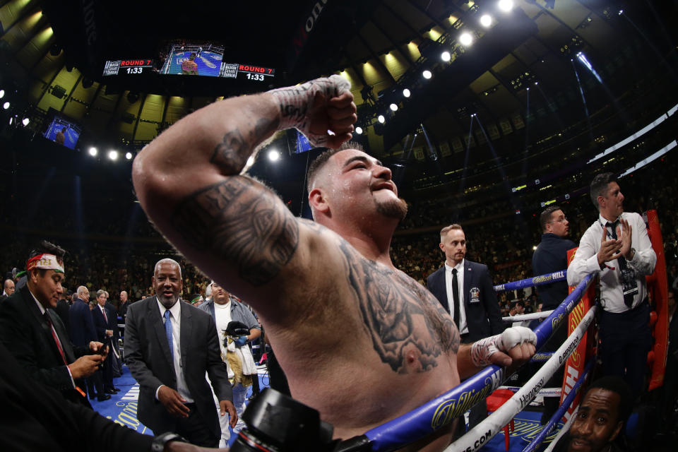 Andy Ruiz celebrates aftera heavyweight championship boxing match against British boxer Anthony Joshua Saturday, June 1, 2019, in New York. Ruiz stopped Joshua in the seventh round. (AP Photo/Frank Franklin II)