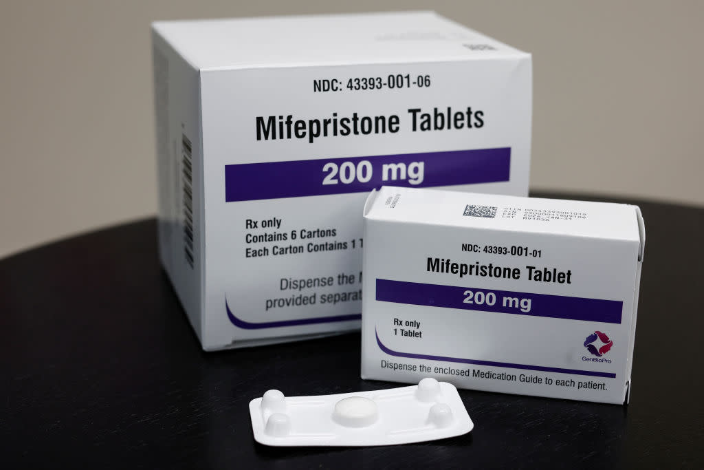 Packages of Mifepristone tablets are displayed at a family planning clinic on April 13, 2023 in Rockville, Maryland. (Photo illustration by Anna Moneymaker/Getty Images)