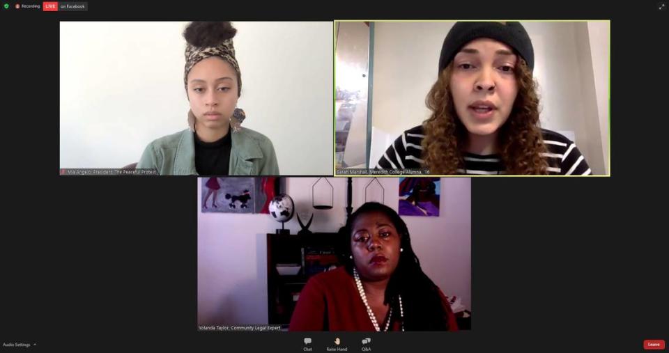 Meredith College alumna and community activists hosted a virtual press conference to address an incident where a professor allegedly used a racial slur in class in the fall semester. Clockwise from top left, community activist Mia Angelo, alumna Sarah Marshall and lawyer Yolanda Taylor.