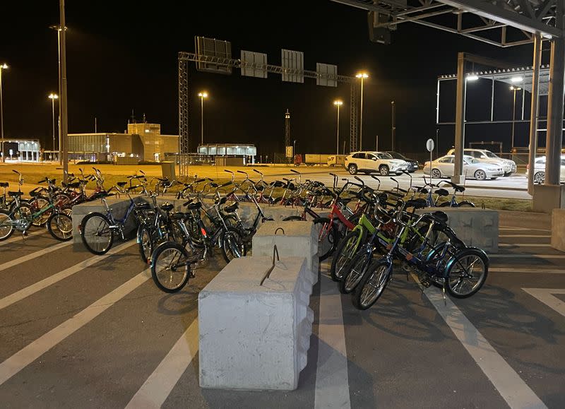 Confiscated bicycles sit at the border between Russia and Finland at the Nuijamaa border checkpoint in Finland