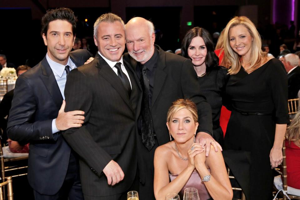 MUST SEE TV: AN ALL-STAR TRIBUTE TO JAMES BURROWS -- Pictured: (l-r) David Schwimmer, Matt LeBlanc, James Burrows, Jennifer Aniston, Courteney Cox, Lisa Kudrow -- (Photo by: Chris Haston/NBCU Photo Bank/NBCUniversal via Getty Images via Getty Images)