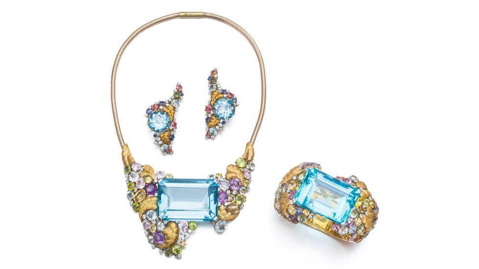 Shirley Bassey's aquamarine, sapphire, diamond and gemset set, estimated to sell for between 60,000 and 70,000 EUR at Sotheby's, Paris, on October 10. Highlights from the collection will be exhibited in Sotheby's, London, from May 24 to 29 before it exhibits in Paris from October 4 prior to the live auction.