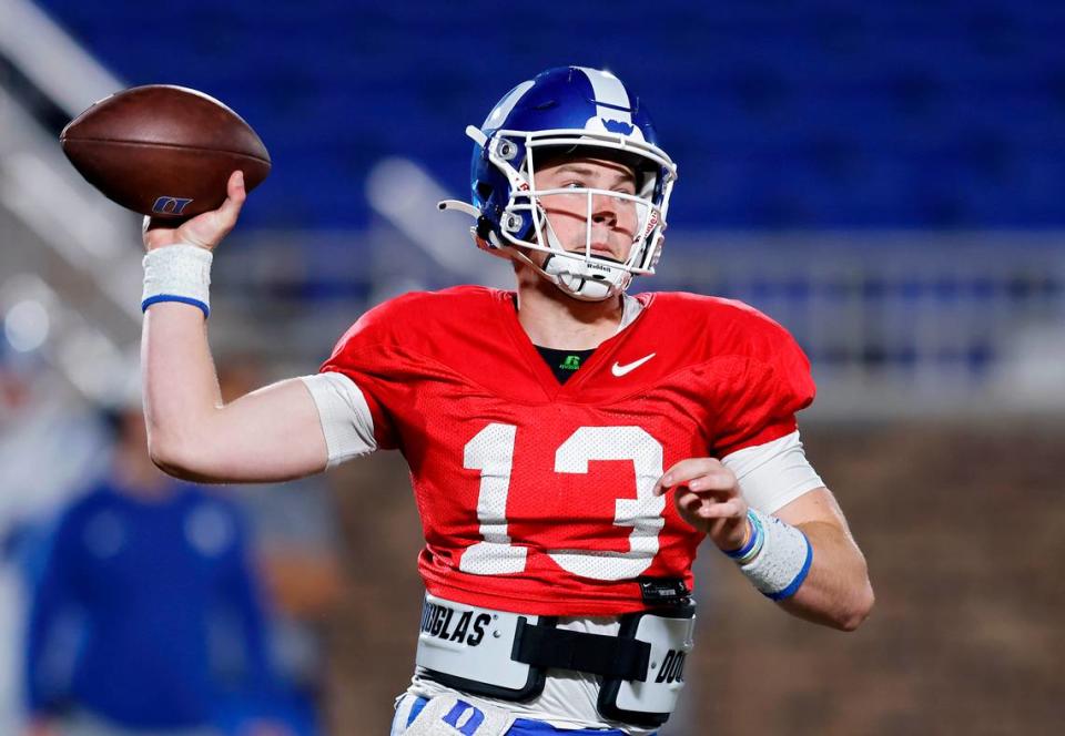 Duke quarterback Riley Leonard looks to throw a pass during the Blue Devils’ spring football game on Friday, April 21, 2023, at Wallace Wade Stadium in Durham, N.C.