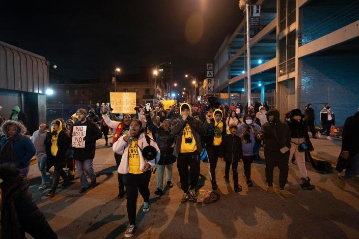 Participants in a rally for Nazi Seabrooks march toward the Patterson Public Safety Complex on Tuesday, March 7, 2023.  Naji Seabrooks, a member of the violence intervention group Paterson Healing Collective, was fatally shot after a standoff when Paterson police barricaded him.  inside his house.