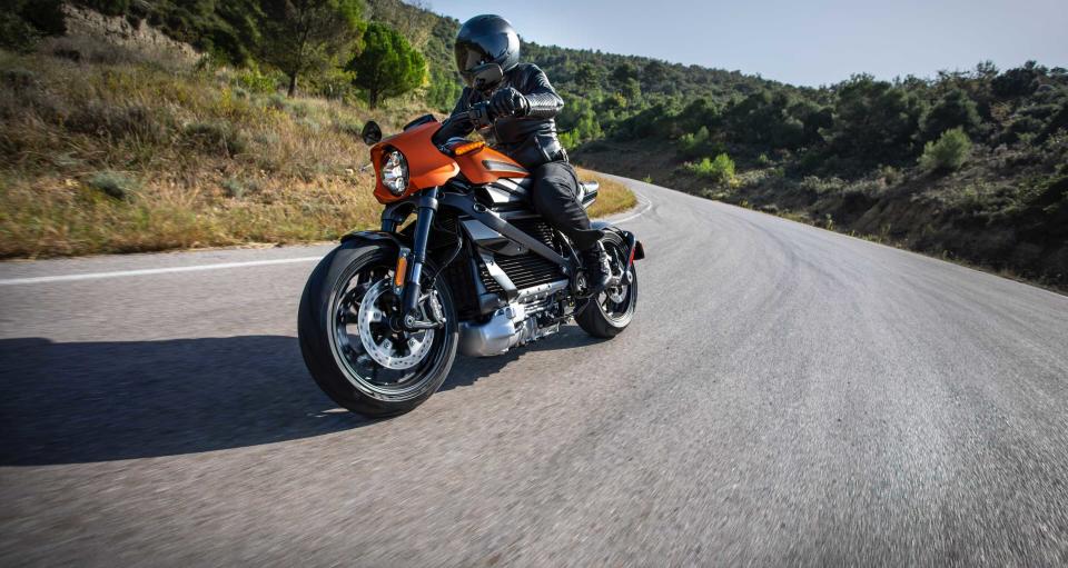 A rider is seen on a Harley-Davidson LiveWire electric motorcycle.