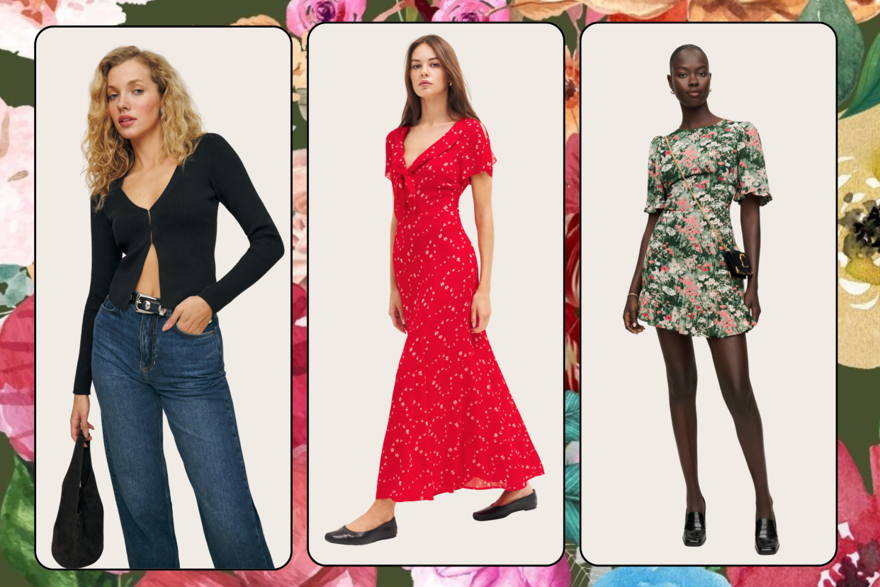 reformation model wearing blue jeans and black cardigan, model wearing black ballet flats and red maxi dress, reformation model wearing green and pink floral mini dress, reformation sale collage