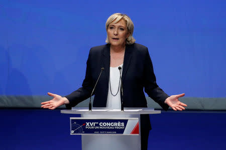 Marine Le Pen, National Front (FN) political party leader, announces the new staff, during National Front's congress in Lille, France, March 11, 2018. REUTERS/Pascal Rossignol