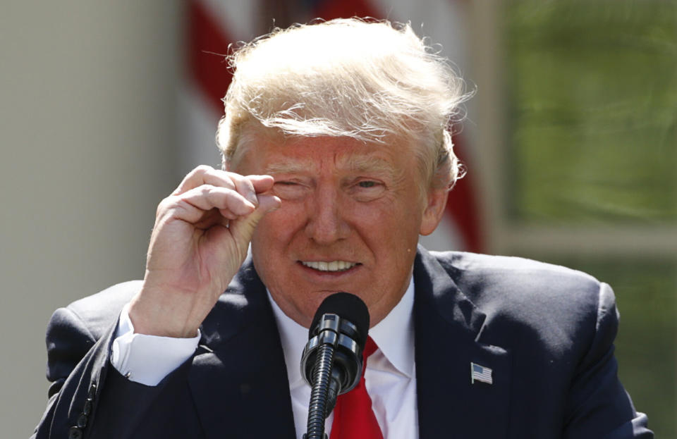 Former President Donald Trump announcing the United States' withdrawal from the Paris Agreement in the White House Rose Garden on June 1, 2017.  (Photo: Kevin Lamarque/Reuters)