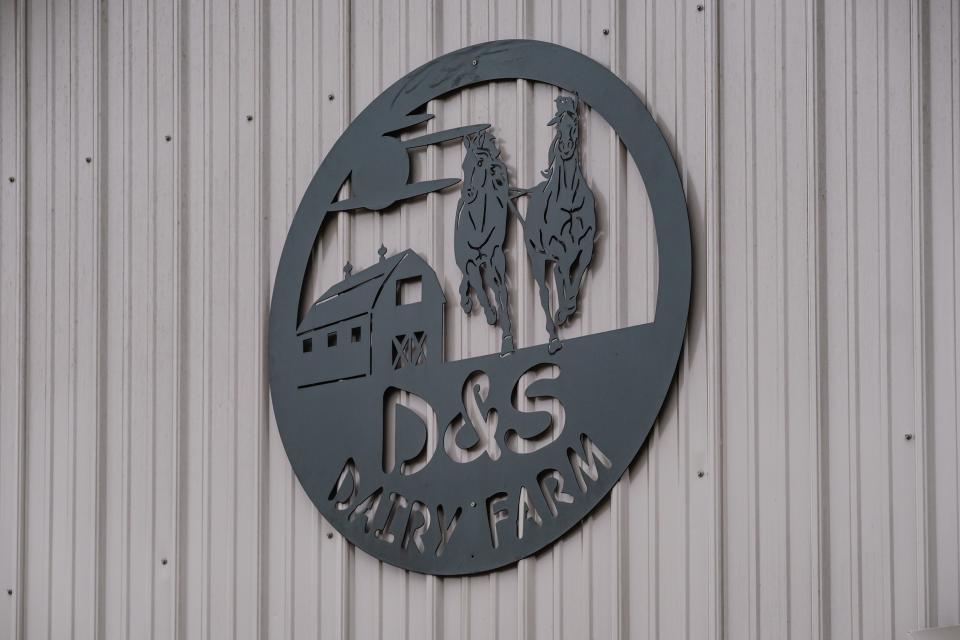 The D&S Dairy Farm logo is seen outside the shop during a multi-farm tour showcasing ProCROSS hybrid dairy cattle on Tuesday.