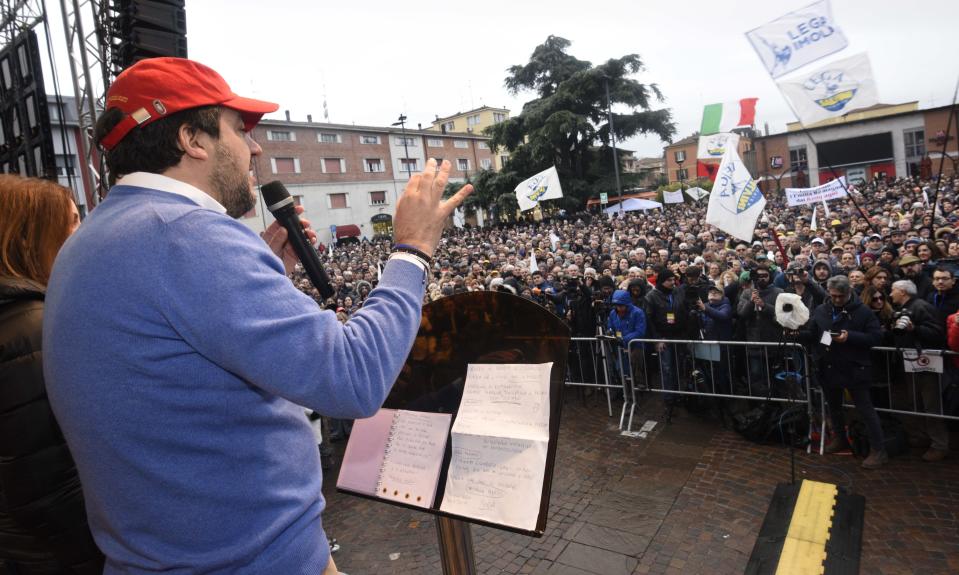 League's leader Matteo Salvini delivers his address during a campaign rally in view of the upcoming local elections in the Emilia Romagna region, in Maranello, Italy, Saturday, Jan. 18, 2020. (Stefano Cavicchi/LaPresse via AP)