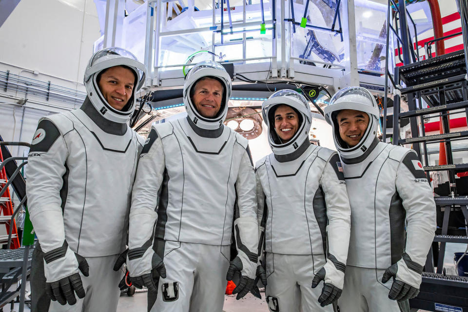 The Crew-7 astronauts during training at SpaceX's Hawthorne, California, rocket factory. Left to right: Borisov, Mogensen, Moghbeli and Furukawa. / Credit: NASA