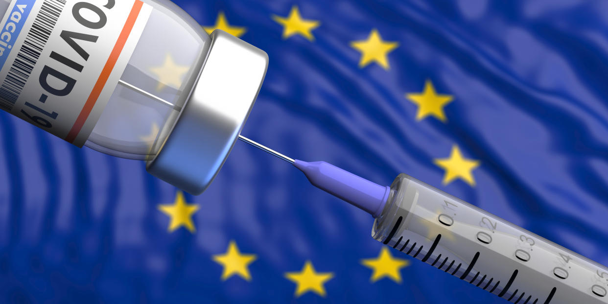 EU Coronavirus vaccine, Europe. Covid-19 vaccination, flu prevention, immunization concept. Vial dose and medical syringe, European Union flag background. 3d illustration