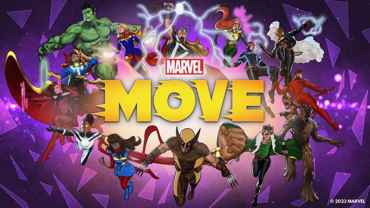  A promo image for ZRX's Marvel Move, showing famous Marvel heroes like Thor, the Hulk, Wolverine, Storm, Groot, Captain Marvel, Scarlet Witch, and Doctor Strange. . 