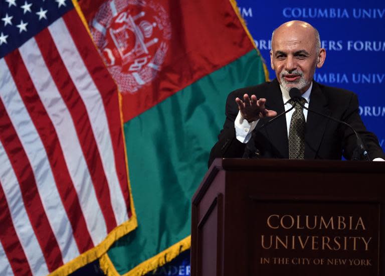 Afghanistan's President Ashraf Ghani speaks at Columbia University in New York, during his visit to the US, on March 26, 2015