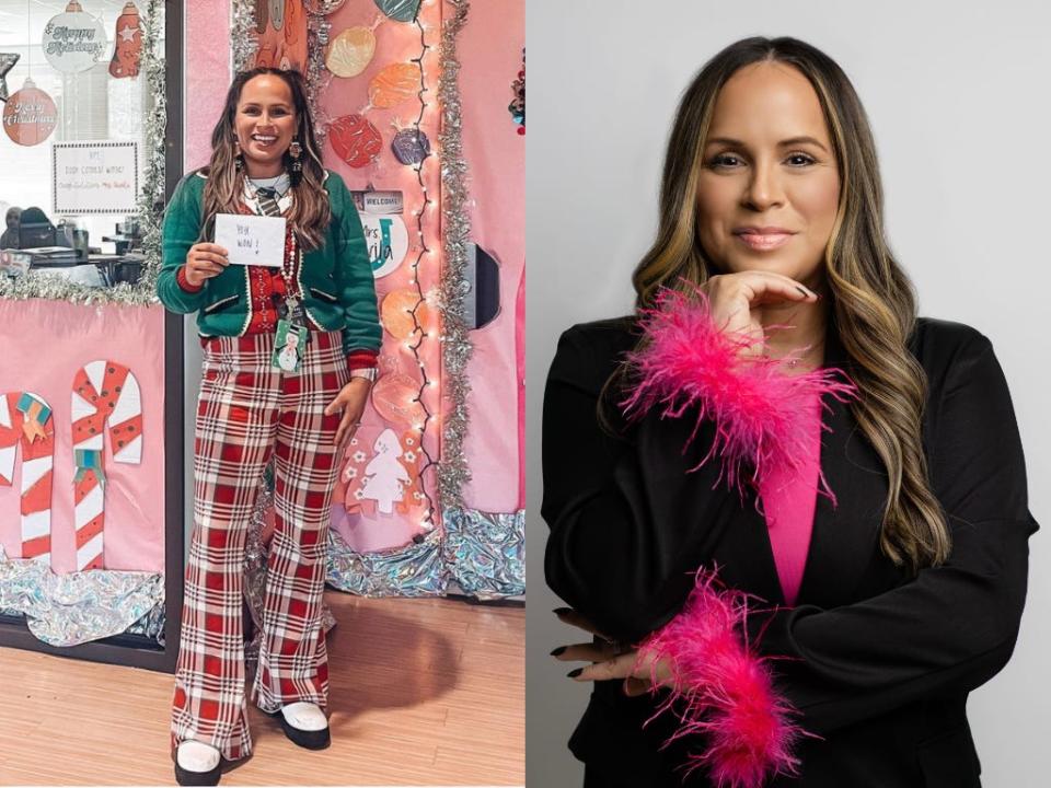 On the left: Brittany Davila wears festive holiday-themed clothing in front of a classroom decorated with candy canes. On the right: Davila wears a suit and smiles.