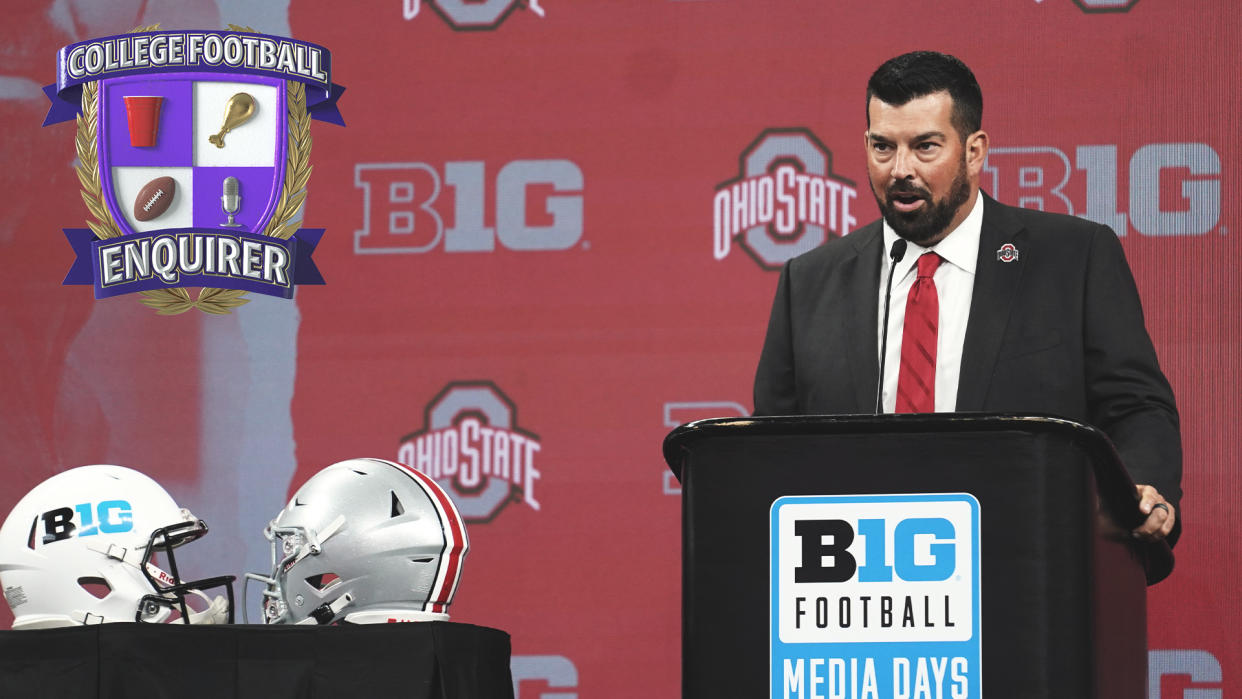 Ohio State head coach Ryan Day speaks at Big Ten Media Days in Indianapolis, Indiana. (Photo Credit: Robert Goddin-USA TODAY Sports)