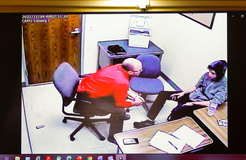 Video excerpts of Iowa Division of Criminal investigation special agent  Ryan Kedley questioning Willard Miller are seen during testimony in the sentence hearing of Miller at the Jefferson County Courthouse in Fairfield on Thursday.