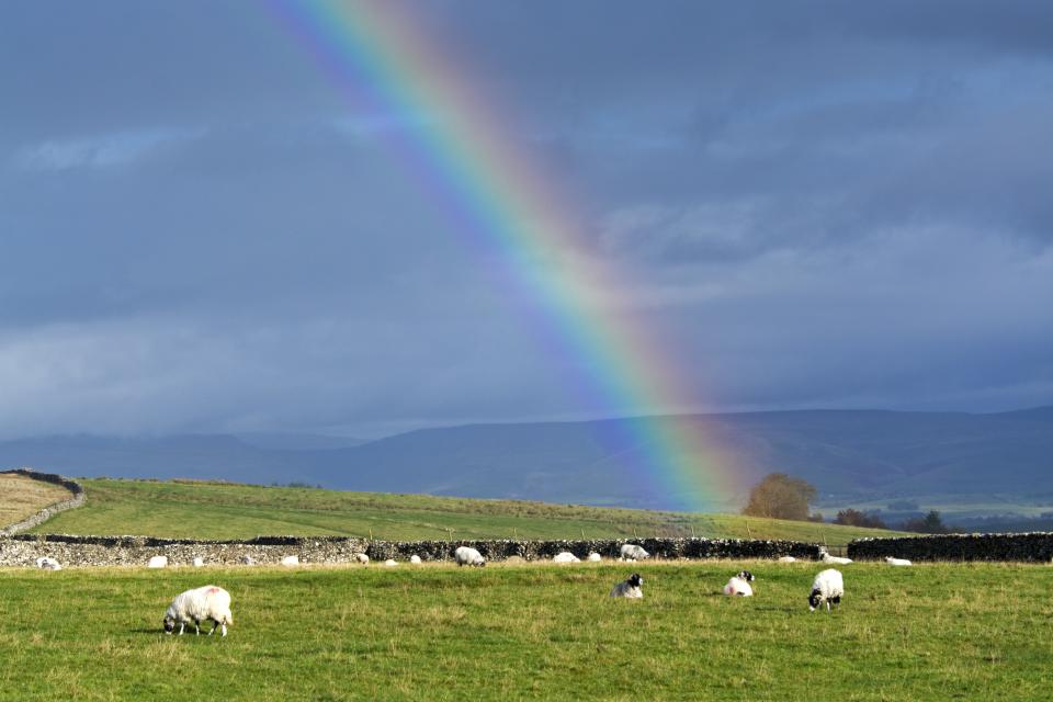 Rainbow over farmland, overlooking the Eden Valley, Cumbria, UK. (Photo by: Farm Images/Universal Images Group via Getty Images)