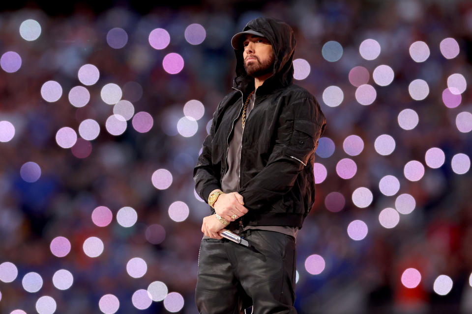 INGLEWOOD, CALIFORNIA – FEBRUARY 13: Eminem performs during the Pepsi Super Bowl LVI Halftime Show at SoFi Stadium on February 13, 2022 in Inglewood, California. (Photo by Kevin C. Cox/Getty Images)