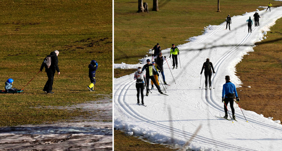 A family walking along a meadow in the Austrian town of Filzmoos (left). Skiers on a manmade strip of snow in Ramsau (right) this year. Source: AAP