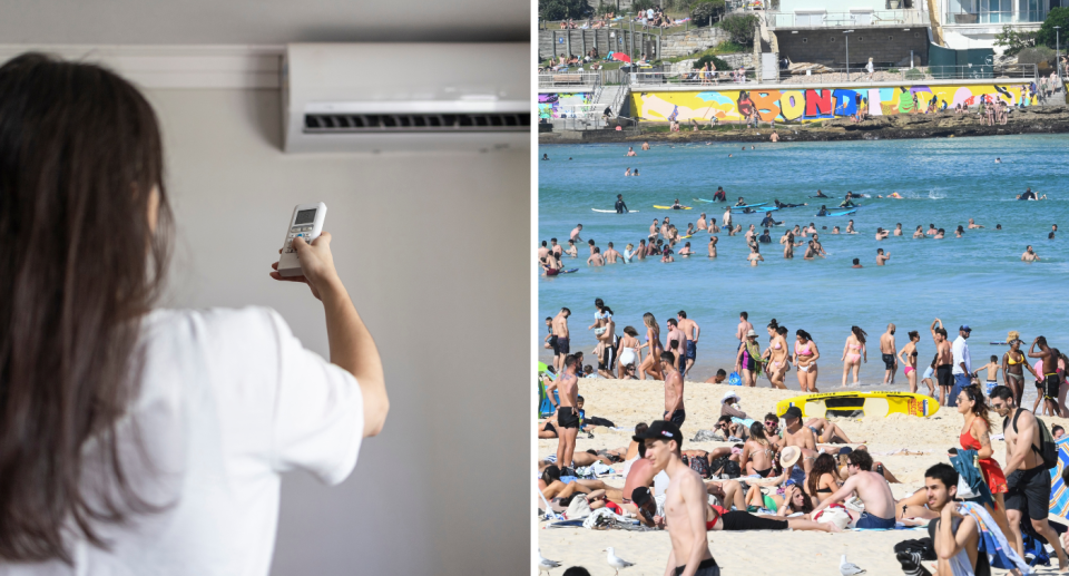 A composite image of a woman using an air conditioner and people flocking to Bondi Beach to represent rising energy prices.