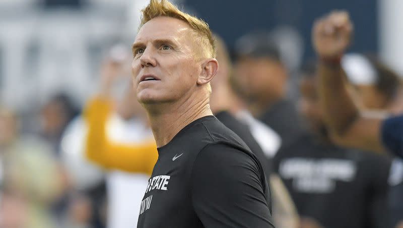 Utah State coach Blake Anderson watches a field goal attempt during a game against Idaho Sate on Sept. 9, 2023, in Logan. The Aggies signed 19 players on first day of early signing period.